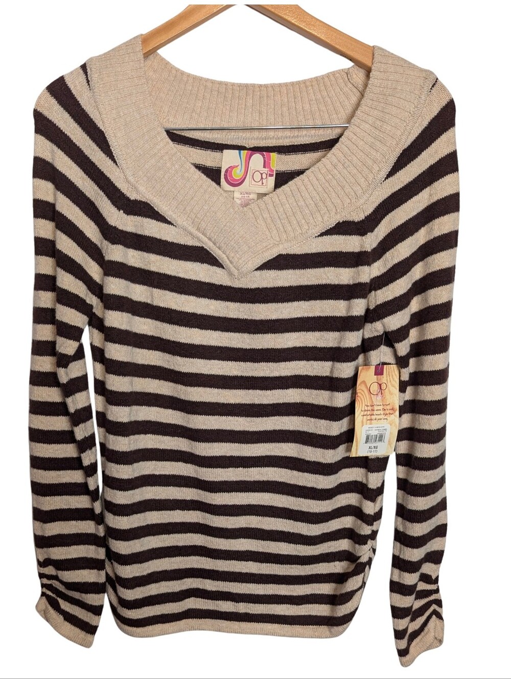 OP Women's Striped V-Neck Sweater With Side And Arm Rouching. Size Jr.XL